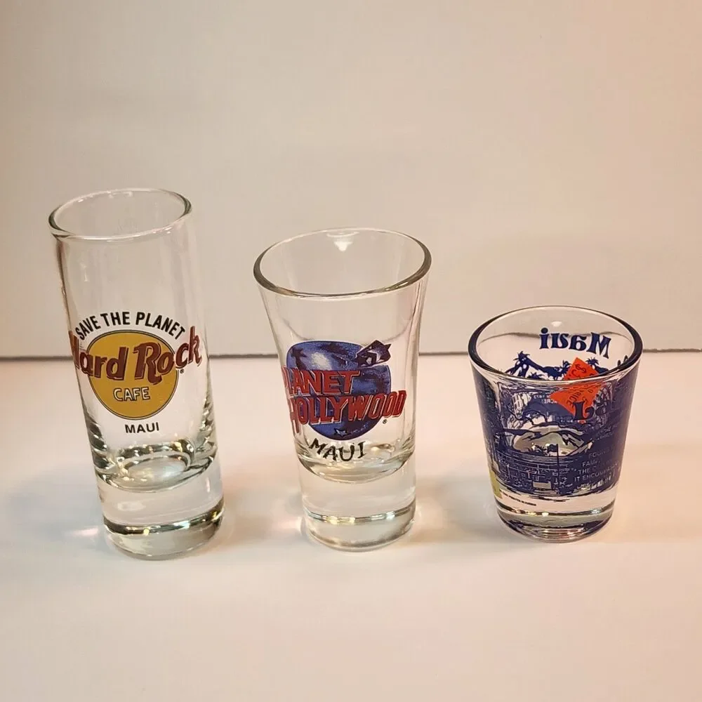 Vintage Maui Hawaii Shot Glass Lot - Hard Rock Cafe & Planet Hollywood Shooters